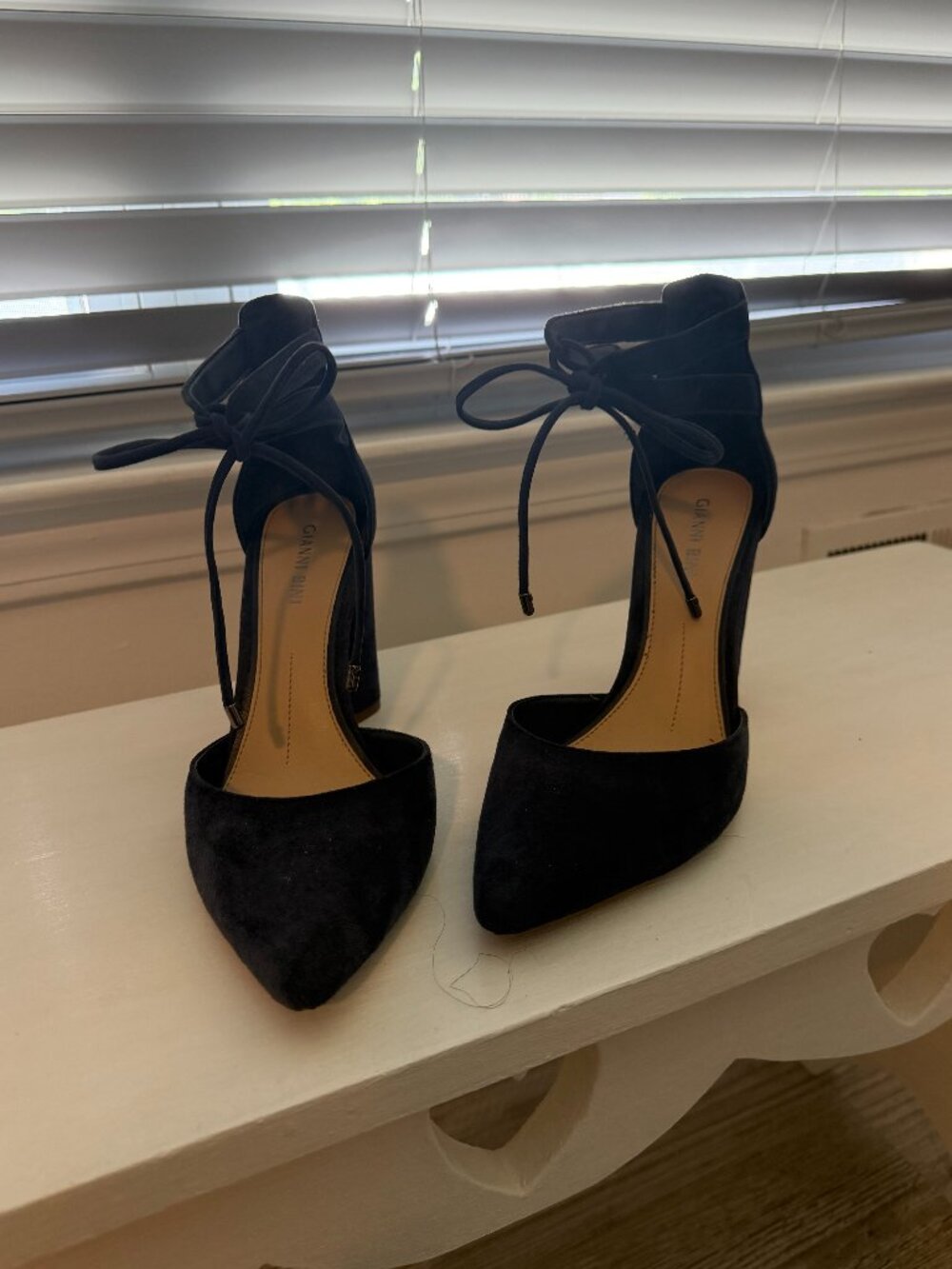 Gianni Bini "Bealina" Suede Ankle-Tie Block Heel Pumps